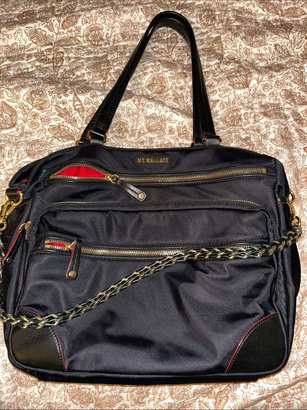 MZ Wallace Black Nylon Messenger Bag with Gold Hardware and Red Trim